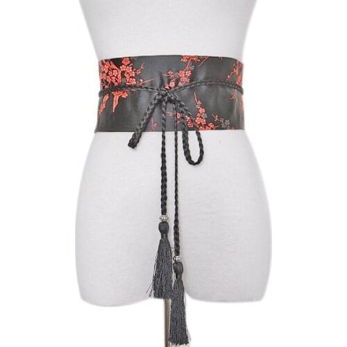 New Fashion Embroidery Waist Seal Plum Embroidery Wide Waistbands Women Bow Tassel Bandage Belt Kimono Waistband Accessories