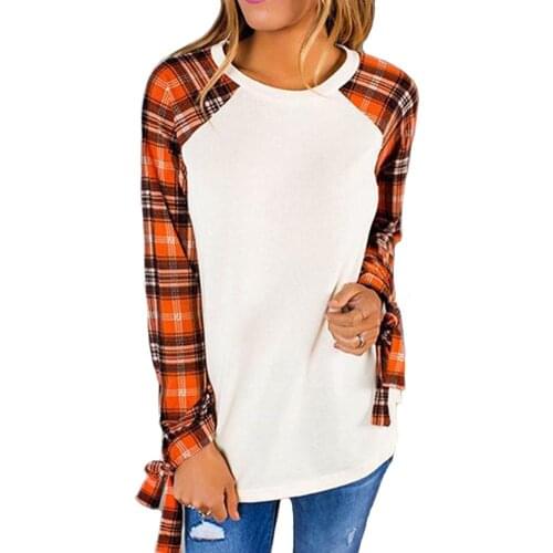 Hitmebox 2019 New Fashion Women Plaid Raglan Long Sleeve Lacing Bowtie Cuff Color Block Tops Pullover Round Neck Checks T Shirts