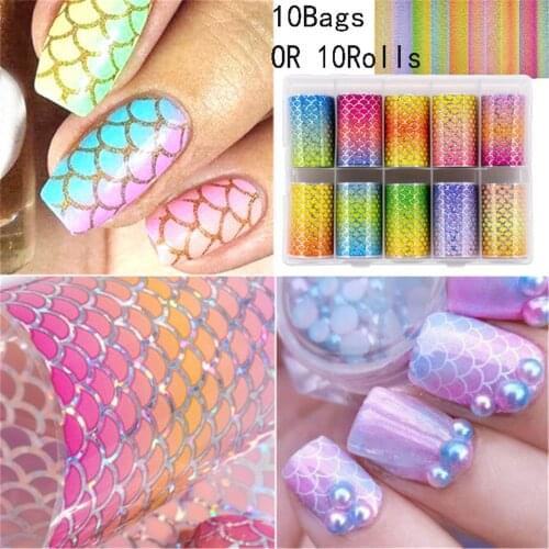10 Sheets Laser Fish Scales Nail Foil Holographic Gradient Mermaid Transfer Sticker Wave Decal Starry Paper Nail Decoration