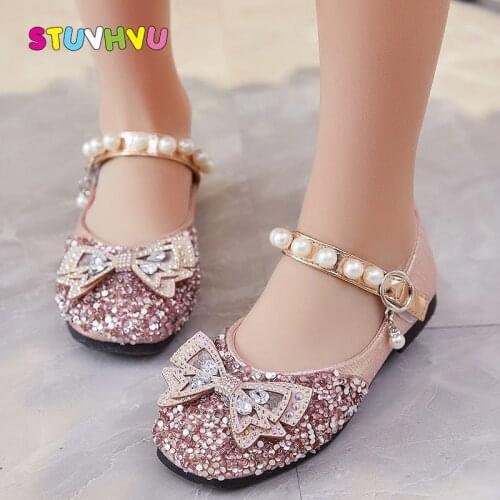 2021 New Girls Princess Shoes Rhinestone Pearl Party Wedding Dance Childrens Single Shoes Sequin Leather Crystal Girls Shoe