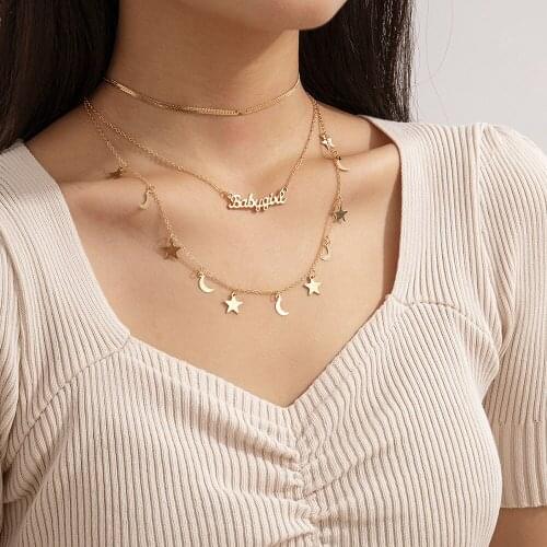 2021 New Gold Star Moon English Alphabet Pendant Necklaces For Women Vintage Fashion Multilevel Chains Female Jewelry Gift