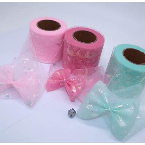 25yards 60mm Glitter Star Moon Printed Mesh Organza Ribbons for DIY Hair Bow Wedding Christmas Decoration Lace Gift Package