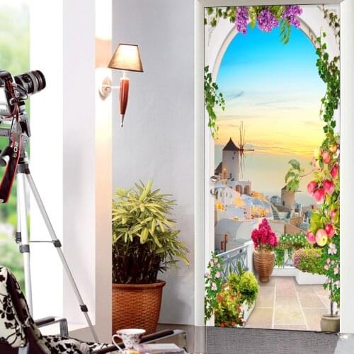 3D Wall Door Sticker Seaside Landscape Building Wallpaper Modern Creative DIY Wall Door Decals Living Room Home Decor PVC Murals