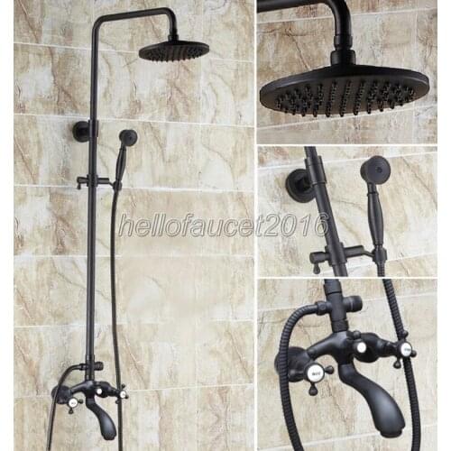 Bathroom 8 inch Black Oil Rubbed Bronze Rainfall Shower Faucet Set with Bath Tub Mixer Taps + Handheld Shower Wall Mount lhg115