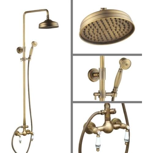 Antique Brass Wall Mounted Bathroom Rain Shower Faucet Shower Head Set Mixer Tap Dual Ceramic Handles Levers man102