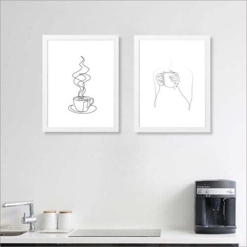 Coffee Cup Abstract Line Drawing Art Print Black White Minimalist Poster Wall Art Canvas Painting Cafe Shop Kitchen Modern Decor