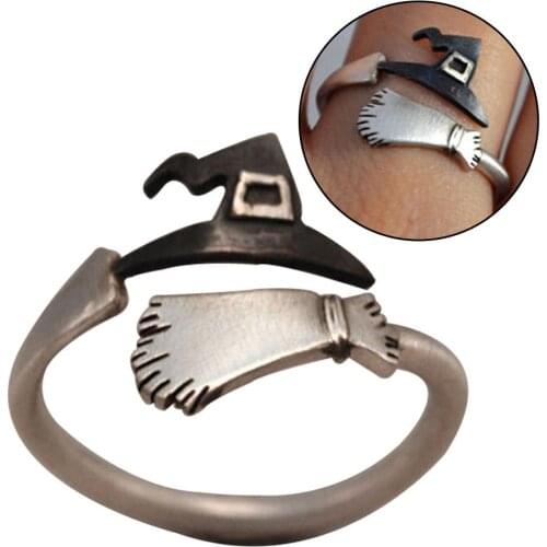 Cute Teen Halloween Witch Hat Broom Open Finger Ring Adjustable Jewelry Gift anillos