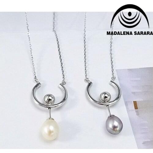 MADALENA SARARA Sterling Silver S925 8mm AAA Freshwater Pearl Pendant Chain Necklace Circle Style Two Colors Options