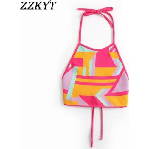 ZZKYT 2021 Women Summer Vintage Geometric Print Tank Tops Fashion Sleeveless Backless Bow Tied Straps Slim Casual Camis Chic Top