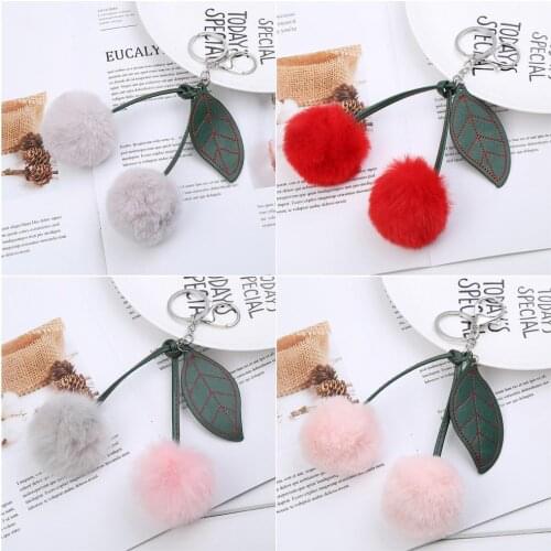Cute Plush Cherry Leaf Pompom Ball Backpack Car Pendant Keychain Key Ring Gift