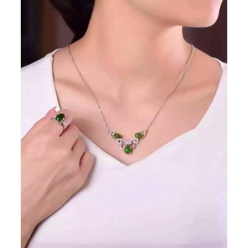 Natural green jasper Necklace natural gemstone Pendant Necklace S925 silver trendy Luxury big butterfly women party fine Jewelry