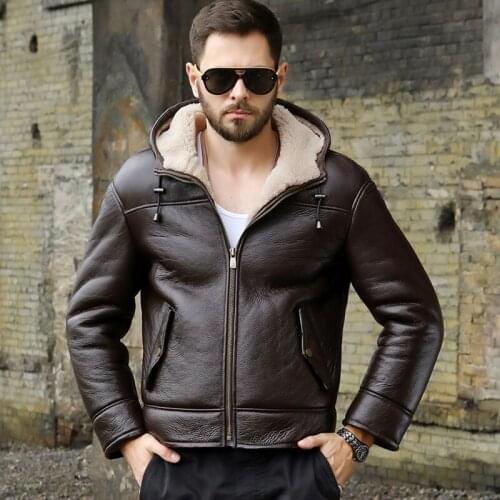 New Mens B3 Shearling Jacket Short Motorcycle Jacket Hooded Sheepskin Coat Thicken Fur Coat Brown Leather Jacket