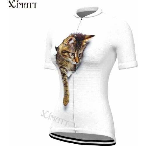 New Style Summer Cute Kitten Womens Short Sleeve Cycling Jersey XIMATT Polyester White Heat Dissipation Cool Quick Dry