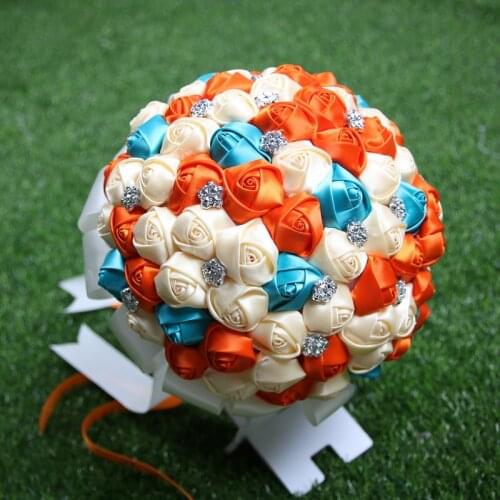 Newest orange + blue + cream Artificial Flowers Bouquets Diamond Crystal Marriage Wedding Bouquet Rose Bride Bouquet
