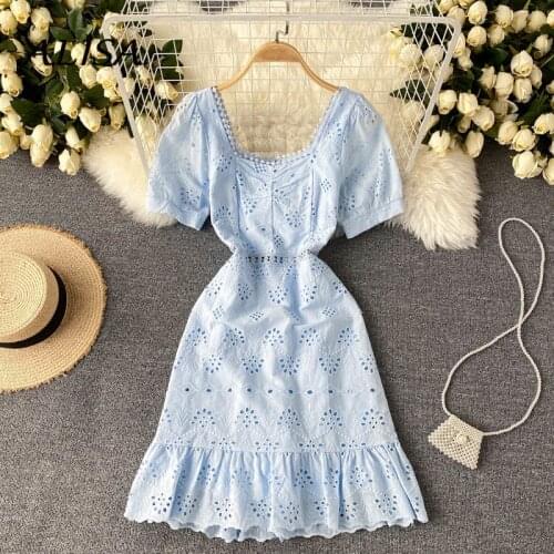 New Women Bodycon Short Dress Summer Vintage Square Collar Hollow Out White Beach Dresses Ladies Elegant Short Sleeve Boho Dress