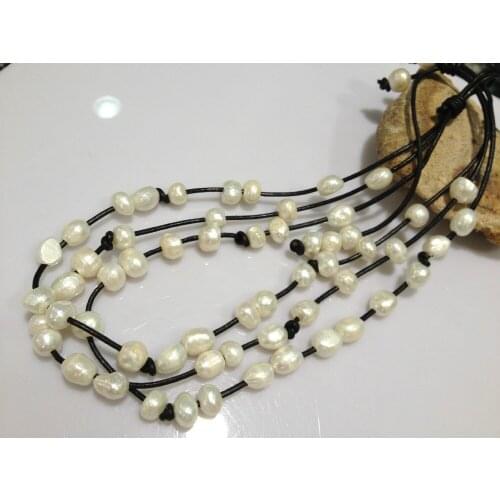 Baroque Freshwater Pearl Necklace Multilayer Black leather Necklace For Women Casual White Grey Multicolor Real Pearls