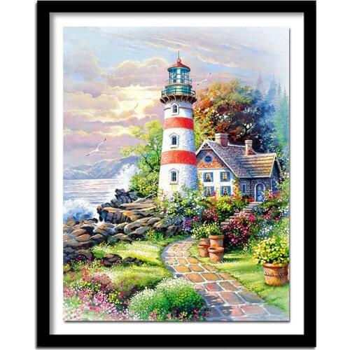 Full square drill diamond embroidery seaside lighthouse 5d diy diamond painting Cross Stitch Rhinestone decor
