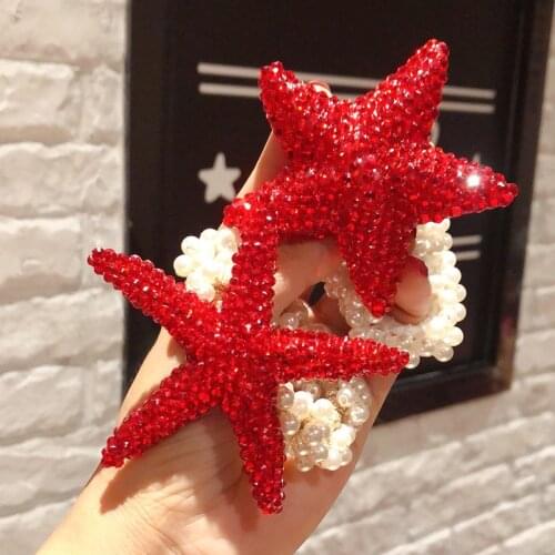 New Korean Temperament Red Rhinestones Starfish Bow Imitation Pearl Rubber Band Sweet Girl Women Fashion Hair Accessories