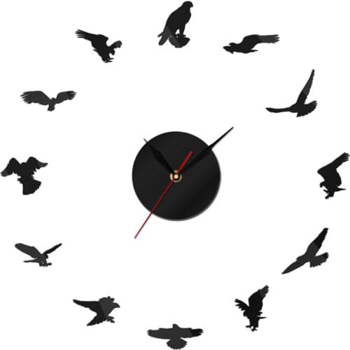 Falconry Bird Self Adhesive DIY Clock Watch Peregrine Falcon Silent Quartz Frameless Big Needles Quiet Sweep Cool Wall Art