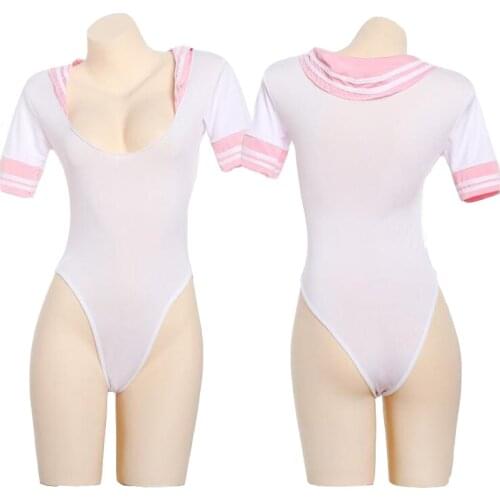 Sexy Fantasy Sheer Open Crotch Deep V Collar Japanese Schoolgirl Teddy Onesie Bodysuit Fancy Fetish Cosplay Costume