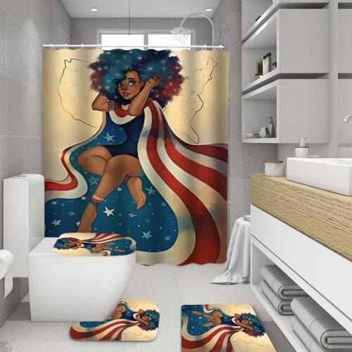 African Women Fabric Shower Curtains Afro American Flag Cape Girl Bathroom Curtain Set Non-Slip Rugs Toilet Lid Cover Mat Carpet