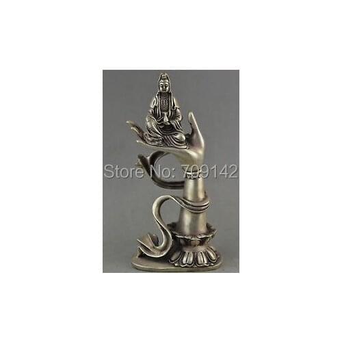 Chinese Miao Silver Carving Efficacy Kwan-yin On The Buddha Hand Noble Statue Tibet silver Carving copper