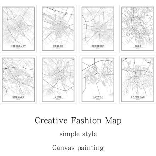 Hungary Black White World City Map Poster Nordic Living Room Budapest Eger Cegled Wall Art Pictures Home Decor Canvas Painting