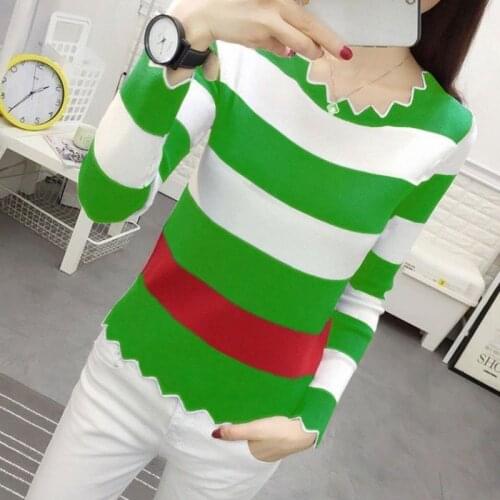 Non-Pilling Spring Autumn Striped Sweater Womens Knitted Long-Sleeved Wave Slim Top
