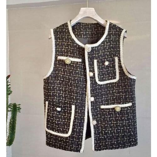 2020 spring autumn women casual buttons plaid tweed vests female sleeveless jackets loose plus size waistcoat Y706