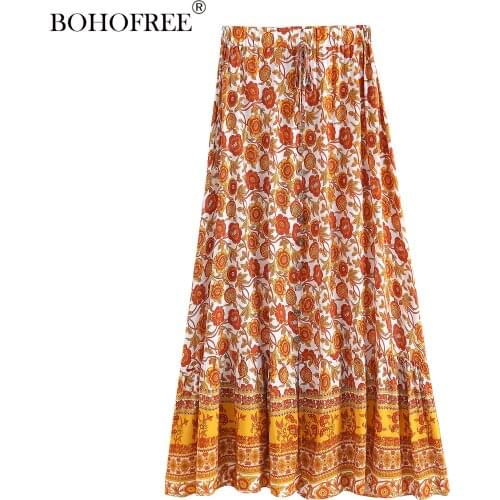 Vintage Bohemian Rayon Long Skirts Casual Buttondown Elastic Waist Maxi Hippie Boho Beach Saia Women Skirts