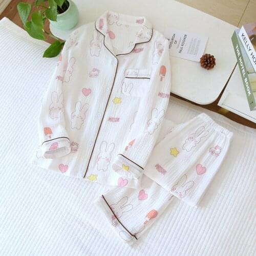 Spring Fruit Peach White Gauze Suit Double Layer Washed Cotton Woven Soft and Comfortable Pajama Set Women Pyjama Pour Femme