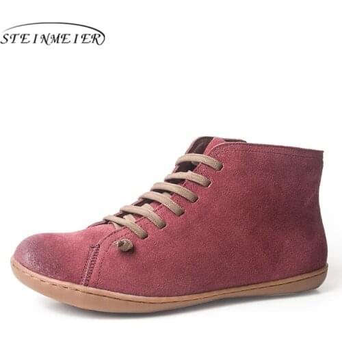 Women Winter Snow Boots Genuine leather Ankle Spring flat Shoes woman Short Brown Boots With Fur 2019 for women lace up boots