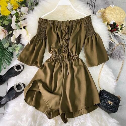 2021 Summer Slash Neck Flare Sleeve Women Rompers Bandage Strap Ruffles Bow Jumpsuit Elastic Slim Wrapped Rope Beach Playsuits