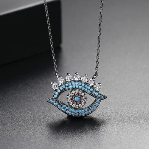 2018 pave blue turquoises Gem black gold color women turkish evil eye jewelry necklace