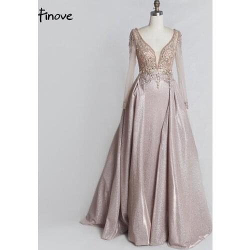 Finove Prom Dress 2020 Long Sleeve Sexy V Neck Reflective Dress Beading Sequin Long Length A Line In Women' Dresses Plus Size