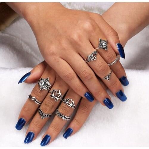 10 pc/set Vintag Tibetan Silver Flower Classic Rhombic Round Crystal Geometrical Irregular Ring Set Lady Charm Jewelry Costumed