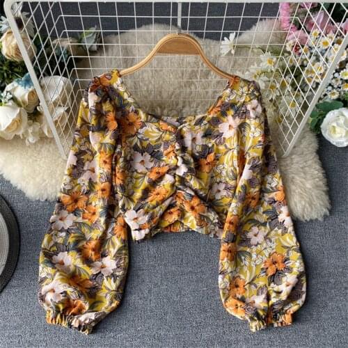 20 Autumn Casual Women Floral Blouse Girl Chiffon Shirt Spring Puff Sleeve V-neck Blousas Basic Tops Pullovers Bottomings WZ1165