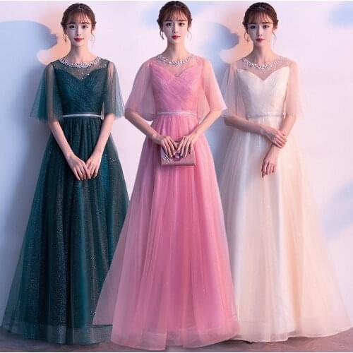 Beauty-Emily Elegant Evening Dresses Long Women O-Neck Sequins Crystal Prom Gowns Formal Party Dress Lace Up Back