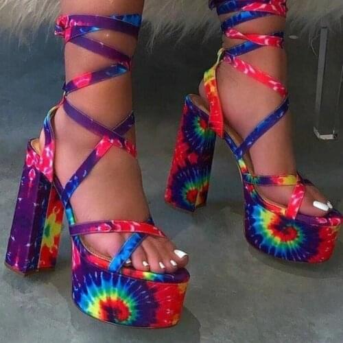 Women Spring/summer New Fashion Starry Sky Print Cross Strap Sandals Large size Pumps Shoes Dress Thick heel Sexy Ankle Strap