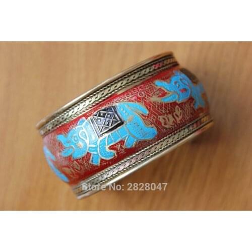 BR379 Indian Hand Painted Elephant Open Cuff 37mm Wide Bracelet Bohemia Tibetan Women Adjustable Bangles
