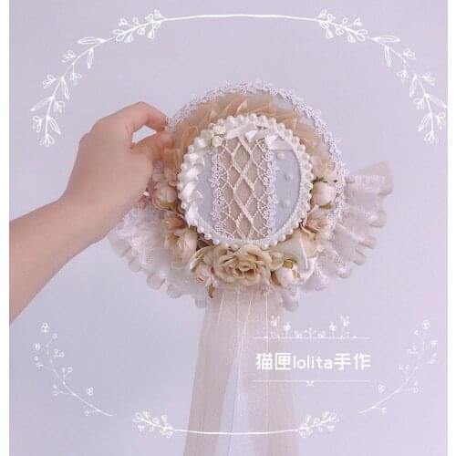 Handmade Japanese Lolita Top Hat Headdress Vintage Lace Trim Preal Flowers Ornaments Loli Girl Dresses Ornaments Flat Hat