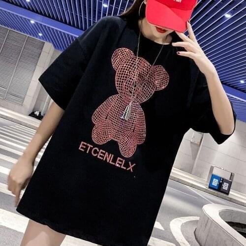 Black Cartoon Bear Pattern Rhinestone Cotton T-shirt Female Summer Mid-length Streetwear Loose Oversize Fashion Top T-shirt