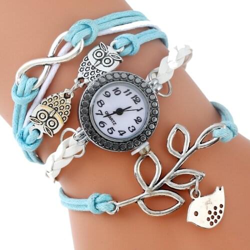 Gnova Platinum Multilayer Paracord Bracelet Watch Charm Peace Dove Leaf Owls Vintage Fashion Rhinestone Wristwatch Qurtz A897