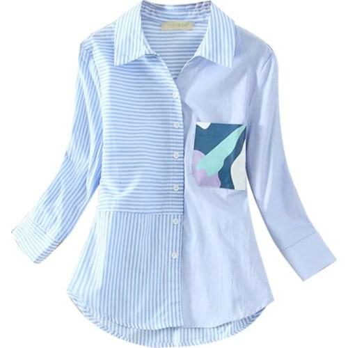 JMPRS Fashion Camouflage Women Shirt Korean Striped Patchwork 100% Cotton Long Sleeve Blue Female Tops Casual Button Up Shirt