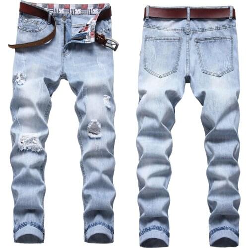 Men’s classic style blue jeans slimming straight denim pants trendy ripped&scratched casual jeans pants
