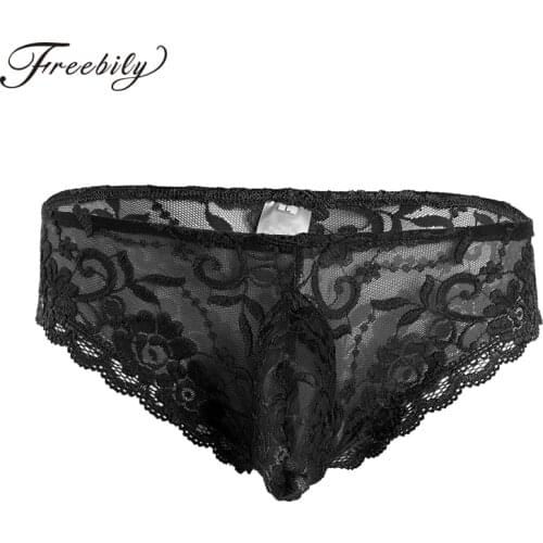 Gay Men Sexy Lingerie Lacework Bulge Pouch Low Rise Bikini Briefs Underwear Gay Breathable Brief Lace Floral Underwear