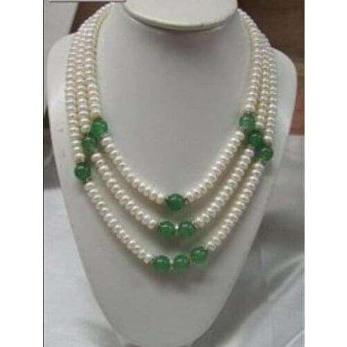 New fashion Classic Charming 3 Row 7-8mm white Freshwater aquaculture pearl green jades beads stone chain necklace BV16
