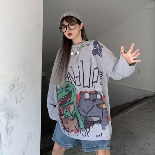 Autumn ong-sleeved t-shirt female Korean version loose student cartoon printing Harajuku style ins white top men and women trend