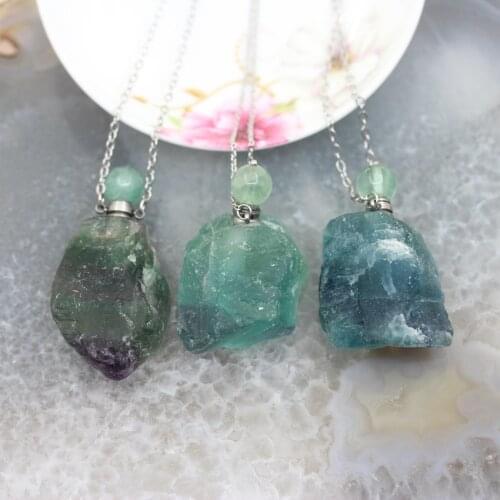 Raw Fluorite Perfume Bottle Pendants,Plated Silvers Necklace Natural Gems stone Quartz Nugget Essential Oil Diffuser Vial Charms