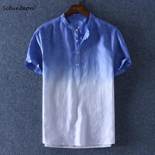 Schinteon 2019 New Arrival Summer Short-sleeved Shirt Men 100% Linen Gradient Color Pullover Stand Collar Shirts